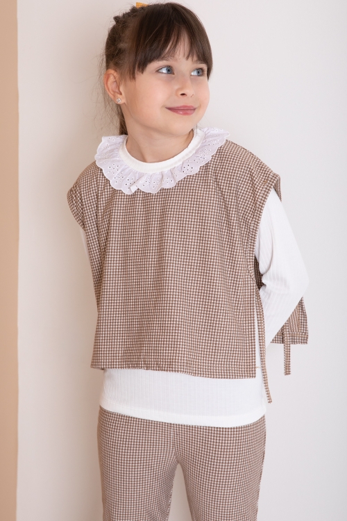 Kahve Ekose Desenli Süveterli Pantolonlu Kız Çocuk Badili 3lü Takım 20372