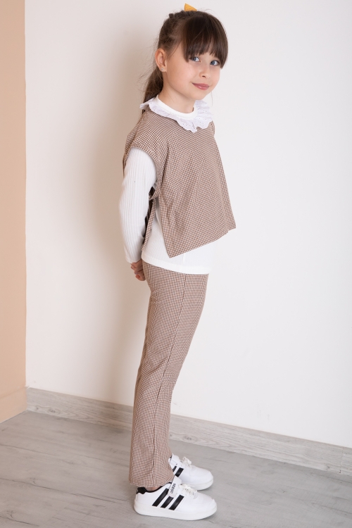 Kahve Ekose Desenli Süveterli Pantolonlu Kız Çocuk Badili 3lü Takım 20372