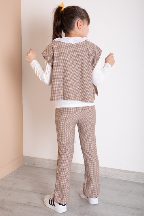Kahve Ekose Desenli Süveterli Pantolonlu Kız Çocuk Badili 3lü Takım 20372