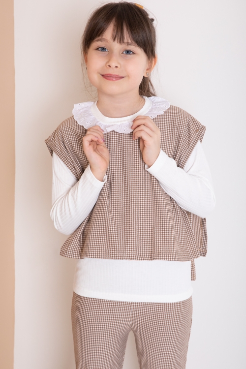 Kahve Ekose Desenli Süveterli Pantolonlu Kız Çocuk Badili 3lü Takım 20372