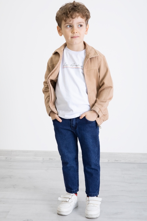 Kahve Fermuarlı Jean Ceketli ve Pantolonlu Erkek Çocuk 3lü Takım 20356