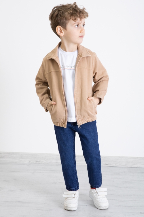 Kahve Fermuarlı Jean Ceketli ve Pantolonlu Erkek Çocuk 3lü Takım 20356
