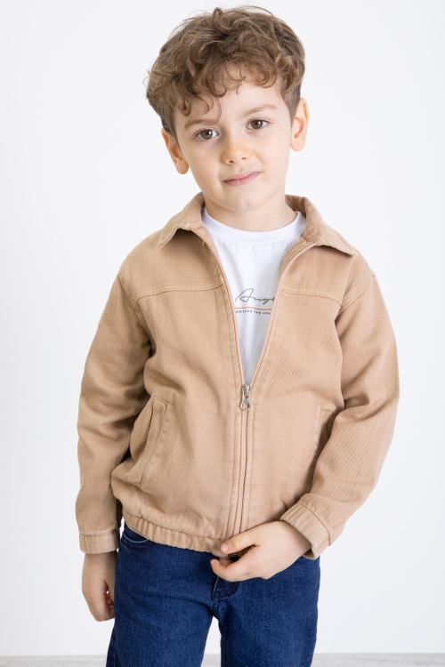 Kahve Fermuarlı Jean Ceketli ve Pantolonlu Erkek Çocuk 3lü Takım 20356