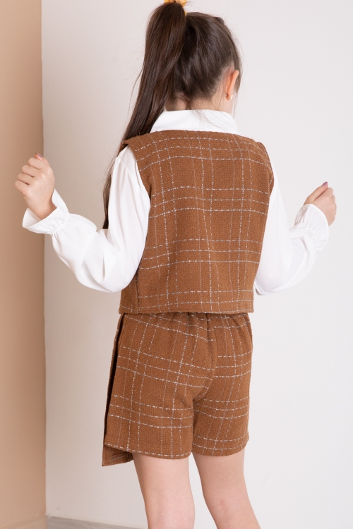 Kahve Fiyonklu Yelekli Düğme Detaylı Şort Etekli Kız Çocuk 3lü Takım 20317