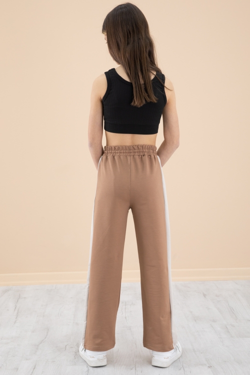 Kahve Garnili Geniş Paça Kız Çocuk Beli Lastikli Eşofman Altı 20196