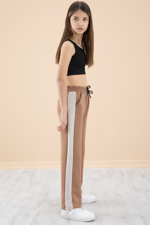 Kahve Garnili Geniş Paça Kız Çocuk Beli Lastikli Eşofman Altı 20196