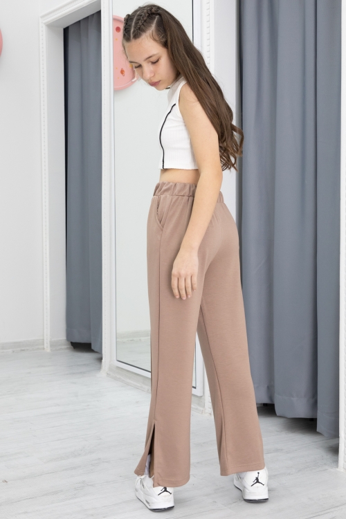 Kahve Geniş Paça Yırtmaçlı Kız Çocuk Pantolon 20285