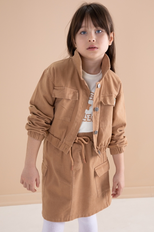 Kahve Göğüs Cepli Jean Ceketli Etekli Kız Çocuk 3lü Takım