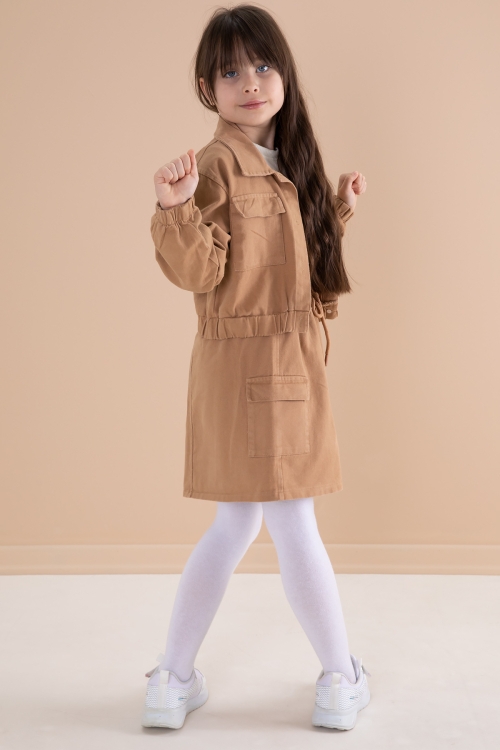 Kahve Göğüs Cepli Jean Ceketli Etekli Kız Çocuk 3lü Takım