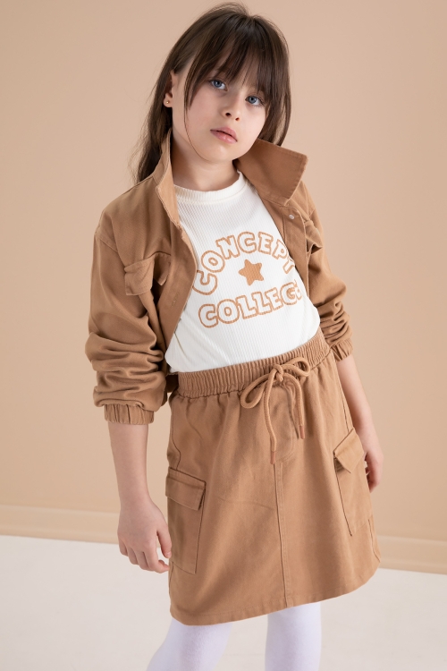 Kahve Göğüs Cepli Jean Ceketli Etekli Kız Çocuk 3lü Takım