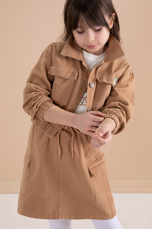 Kahve Göğüs Cepli Jean Ceketli Etekli Kız Çocuk 3lü Takım