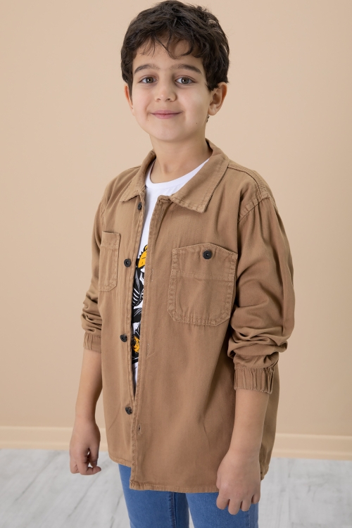 Kahve Gömlek ve Baskılı Tişörtlü Erkek Çocuk 2li Takım 19990