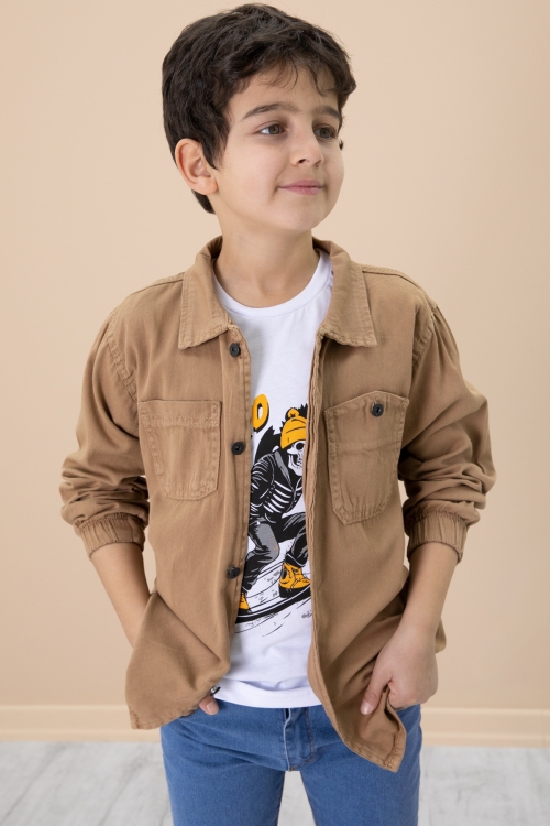 Kahve Gömlek ve Baskılı Tişörtlü Erkek Çocuk 2li Takım 19990