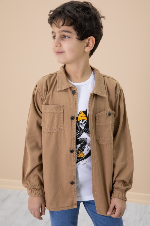 Kahve Gömlek ve Baskılı Tişörtlü Erkek Çocuk 2li Takım 19990