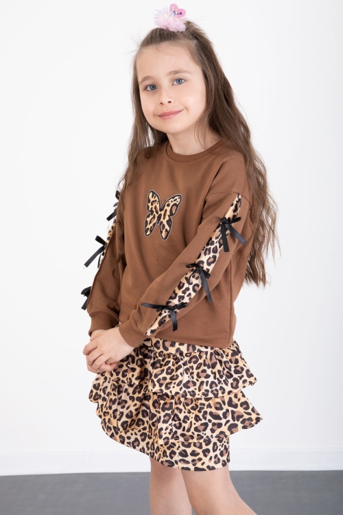 Kahve Kelebek Desenli Badili Leopar Etekli Kız Çocuk Alt Üst Takım 20522