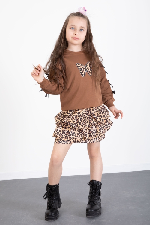 Kahve Kelebek Desenli Badili Leopar Etekli Kız Çocuk Alt Üst Takım 20522