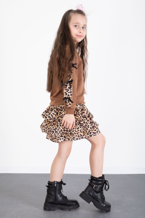 Kahve Kelebek Desenli Badili Leopar Etekli Kız Çocuk Alt Üst Takım 20522