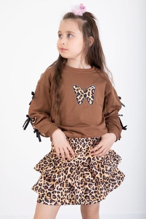 Kahve Kelebek Desenli Badili Leopar Etekli Kız Çocuk Alt Üst Takım 20522