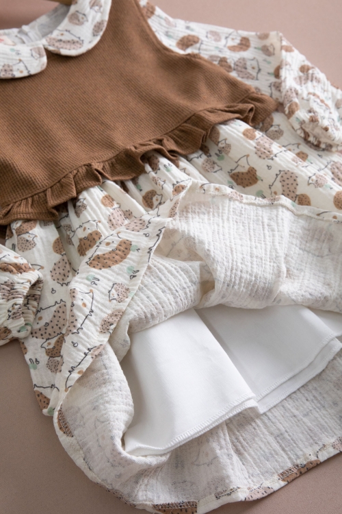 Kahve Kirpi Desenli Süveterli Kız Çocuk Elbise 20221