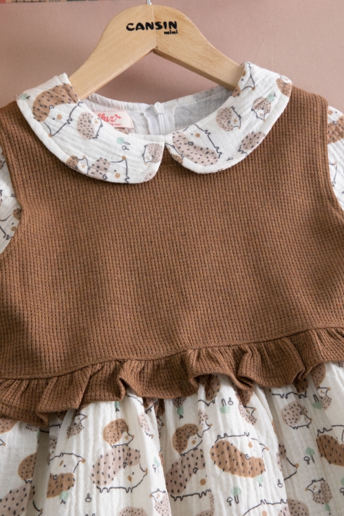 Kahve Kirpi Desenli Süveterli Kız Çocuk Elbise 20221