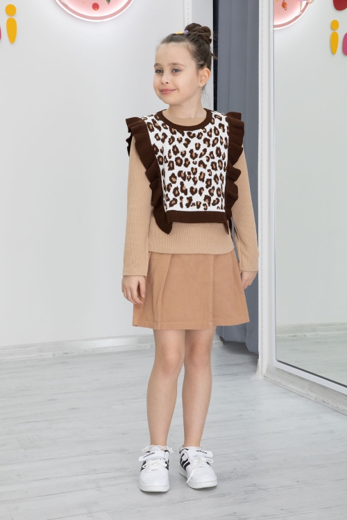 Kahve Leopar Desenli Süveterli Şort Etekli Kız Çocuk Badili 3lü Takım 20498