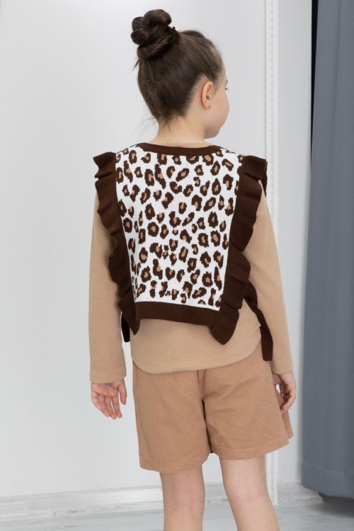 Kahve Leopar Desenli Süveterli Şort Etekli Kız Çocuk Badili 3lü Takım 20498