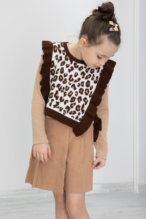 Kahve Leopar Desenli Süveterli Şort Etekli Kız Çocuk Badili 3lü Takım 20498