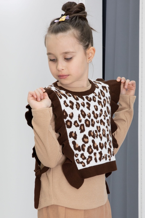 Kahve Leopar Desenli Süveterli Şort Etekli Kız Çocuk Badili 3lü Takım 20498