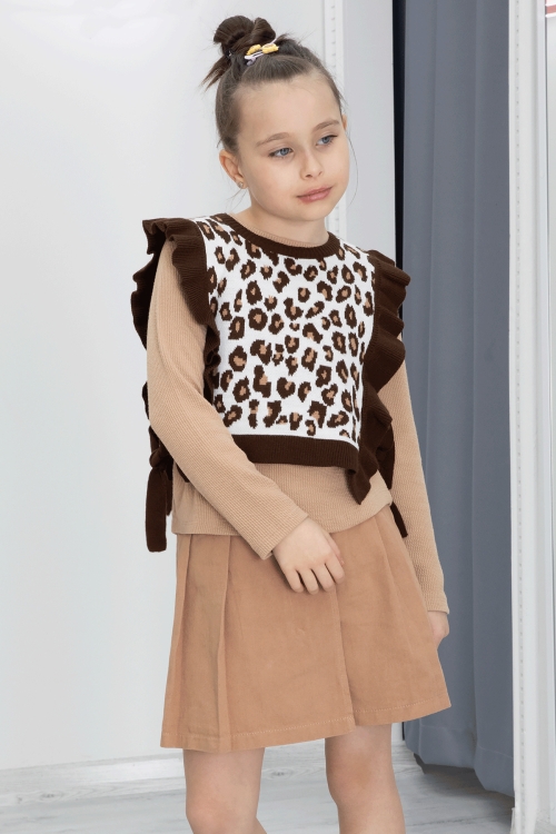 Kahve Leopar Desenli Süveterli Şort Etekli Kız Çocuk Badili 3lü Takım 20498