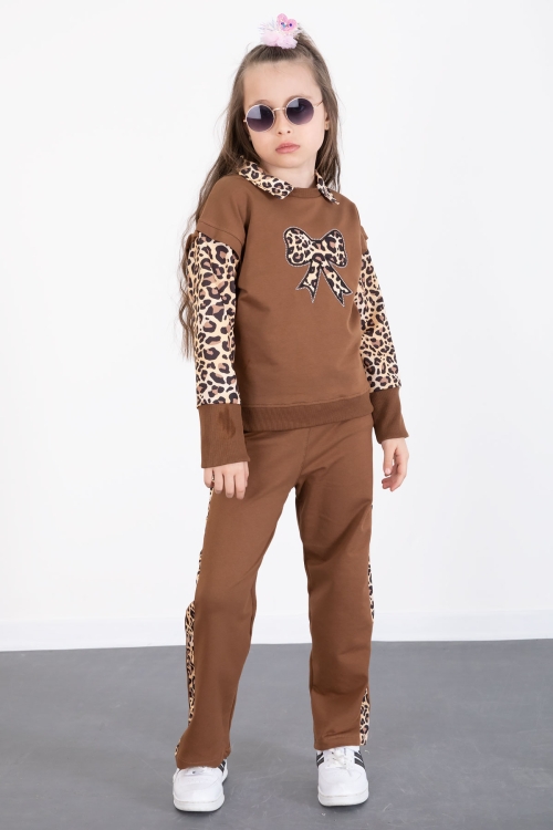Kahve Leopar Şerit Detaylı Fiyonk Desenli Kız Çocuk Alt Üst 2li Takım 20526