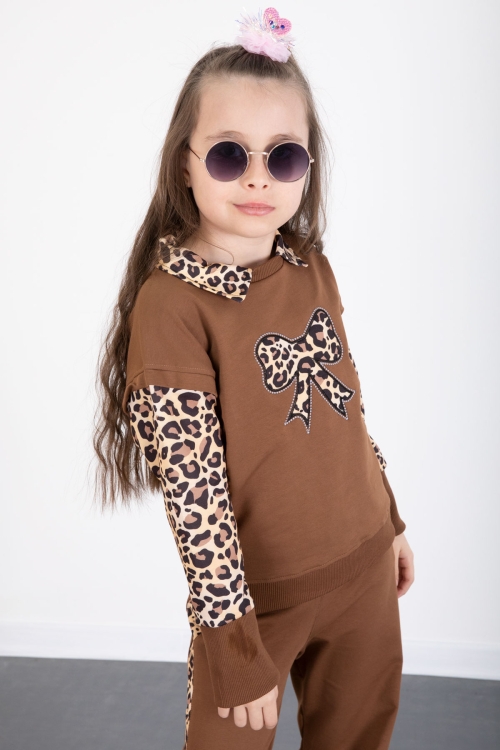 Kahve Leopar Şerit Detaylı Fiyonk Desenli Kız Çocuk Alt Üst 2li Takım 20526