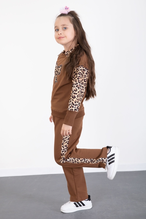 Kahve Leopar Şerit Detaylı Fiyonk Desenli Kız Çocuk Alt Üst 2li Takım 20526