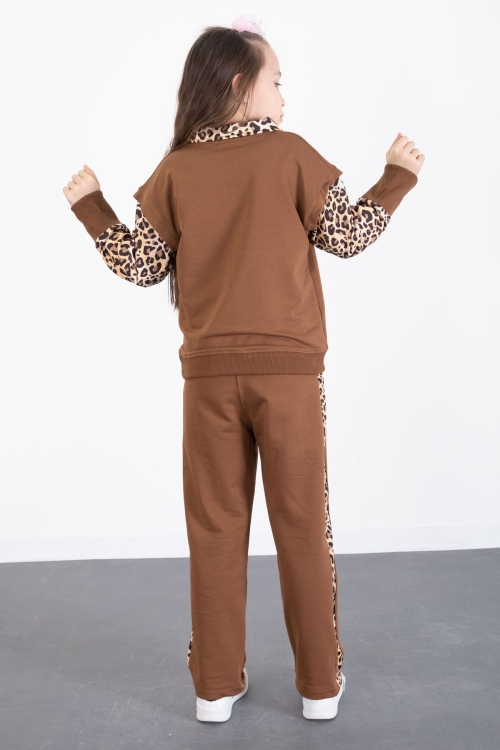 Kahve Leopar Şerit Detaylı Fiyonk Desenli Kız Çocuk Alt Üst 2li Takım 20526