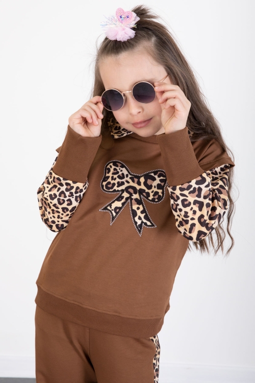 Kahve Leopar Şerit Detaylı Fiyonk Desenli Kız Çocuk Alt Üst 2li Takım 20526