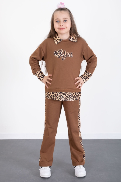 Kahve Leopar Şerit Detaylı Kalpli Kız Çocuk Alt Üst 2li Takım 20524