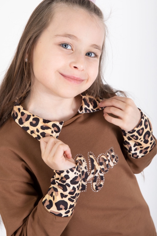 Kahve Leopar Şerit Detaylı Kalpli Kız Çocuk Alt Üst 2li Takım 20524