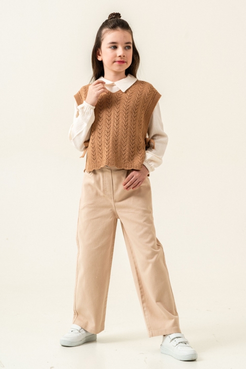 Kahve Örgü Süveterli Müslin Gömlekli Kız Çocuk 3lü Alt Üst Takım 20535