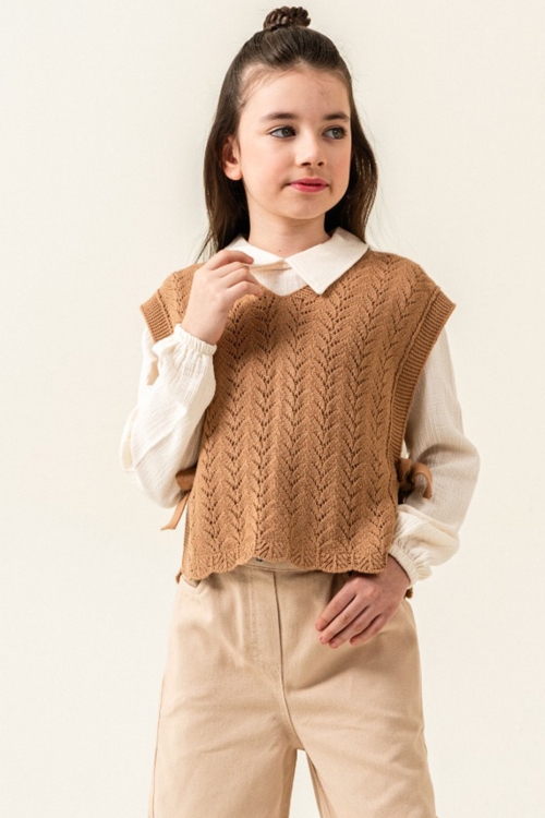 Kahve Örgü Süveterli Müslin Gömlekli Kız Çocuk 3lü Alt Üst Takım 20535