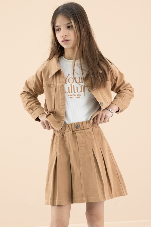 Kahve Püsküllü Jean Ceketli Kız Çocuk 3lü Etekli Takım 20177