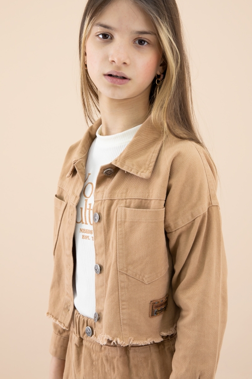 Kahve Püsküllü Jean Ceketli Kız Çocuk 3lü Etekli Takım 20177