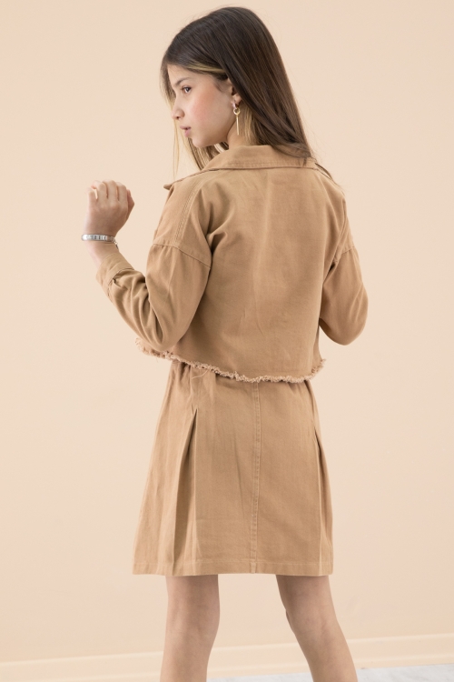 Kahve Püsküllü Jean Ceketli Kız Çocuk 3lü Etekli Takım 20177