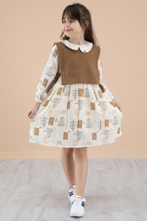 Kahve Süveterli Desenli Kız Çocuk Uzun Kol Elbise 20219