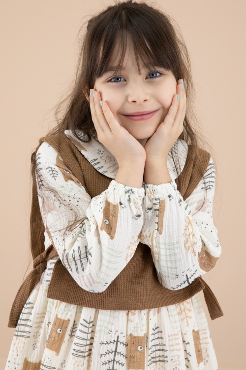 Kahve Süveterli Desenli Kız Çocuk Uzun Kol Elbise 20219