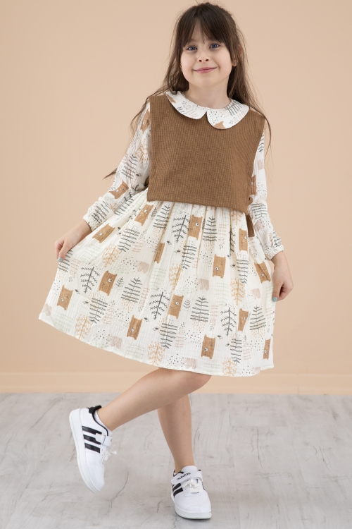Kahve Süveterli Desenli Kız Çocuk Uzun Kol Elbise 20219