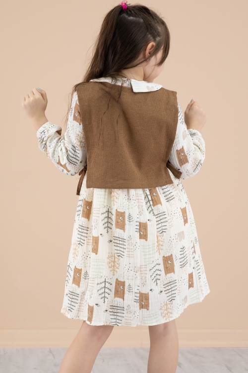 Kahve Süveterli Desenli Kız Çocuk Uzun Kol Elbise 20219