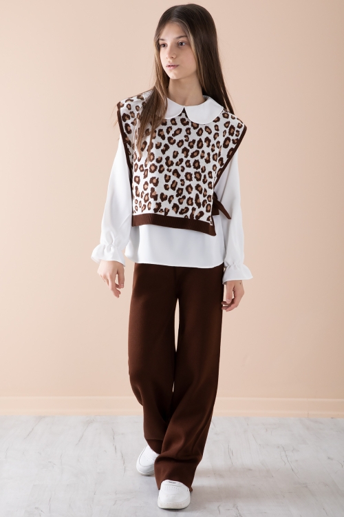 Kahve Süveterli Gömlekli Kız Çocuk Triko Pantolonlu 3lü Takım 20343