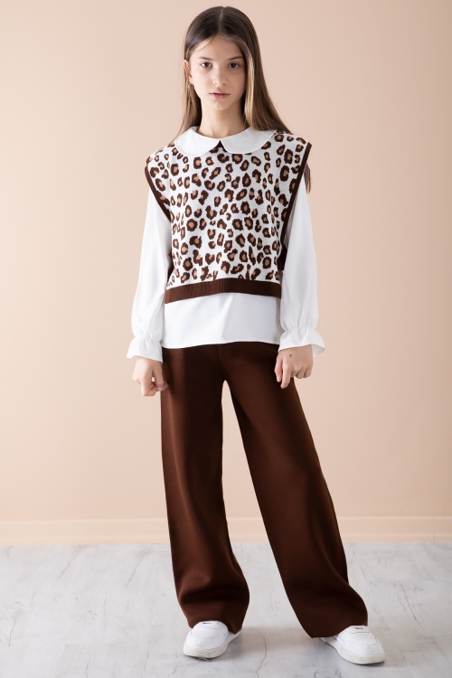 Kahve Süveterli Gömlekli Kız Çocuk Triko Pantolonlu 3lü Takım 20343