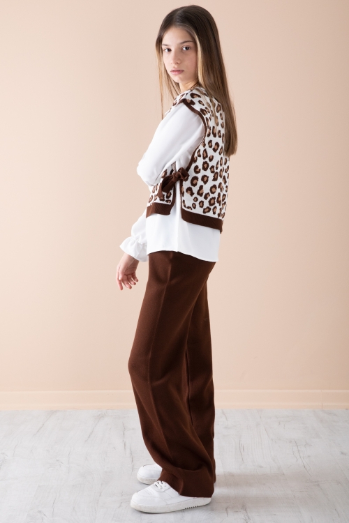 Kahve Süveterli Gömlekli Kız Çocuk Triko Pantolonlu 3lü Takım 20343