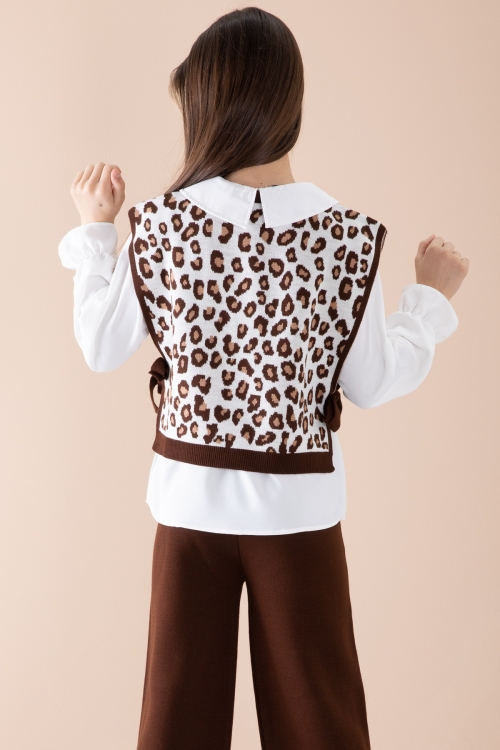 Kahve Süveterli Gömlekli Kız Çocuk Triko Pantolonlu 3lü Takım 20343