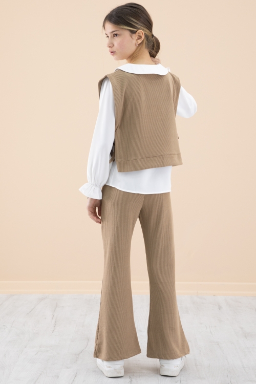 Kahve Yakası Nakışlı Gömlekli Süveterli Kız Çocuk 3lü Takım 20267